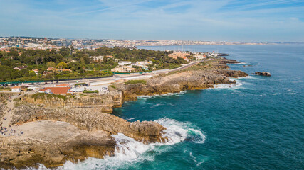 Aerial view of the Cascais coastline, Portugal. Cliffs by the sea in Cascais