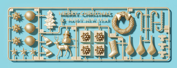 Minimal creative background for modern concept. Golden plastic assembly kit of "Merry Christmas & Happy new year" and winter element. 3d rendering illustration. Object isolate clipping path included.