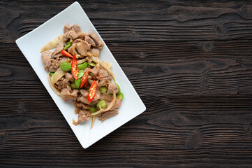 Stir Fried Pork with Shrimp Paste and bitter beans.