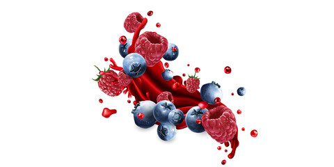 Splash of fruit juice and fresh blueberries and raspberries.