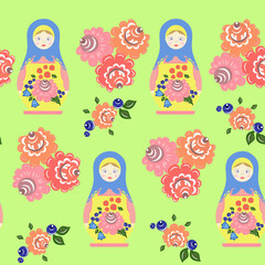 Seamless vector pattern with Russian nesting doll and flowers in khokhloma style