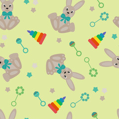 A seamless pattern with rattles, a pyramid and a hare