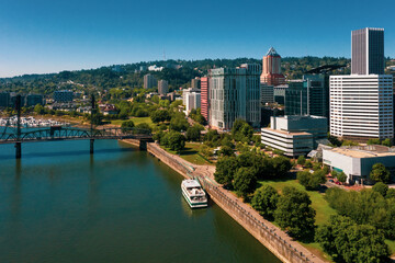 Aerial view of Downtown Portland Oregon and Willamette River