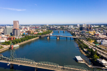 Aerial view of Downtown Portland Oregon with many bridges over river