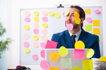 Young male employee in conflicting priorities concept