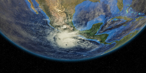 Fototapeta na wymiar Hurricane approaching California. Shot from Space. Elements of this 3D rendering are furnished by NASA.