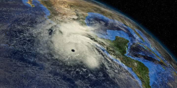Hurricane approaching California. Shot from Space. Elements of this 3D rendering are furnished by NASA.