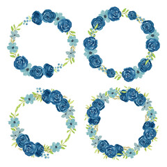 Watercolor navy flower wreath circle frame set