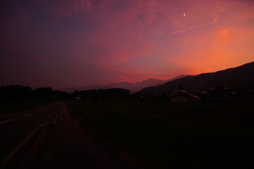 Fototapeta na wymiar purple sunset in the mountains, Japanese alps, Hakuba, Japan
