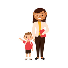 teacher female worker with eyeglasses and schoolboy