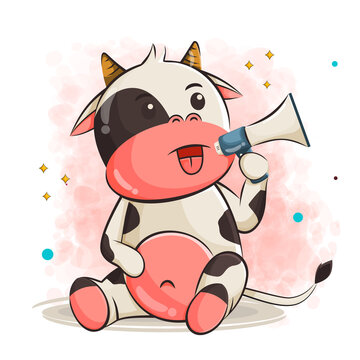 cute cow cartoon holding loudspeaker vector illustration