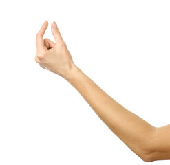 Measuring invisible item. Woman hand gesturing isolated on white