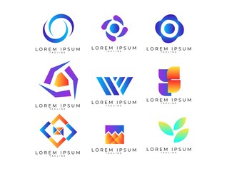 Set of 9 abstract vector logo design template with gradient shading