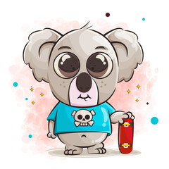 cute baby koala cartoon character and skateboard vector illustration © hesti12