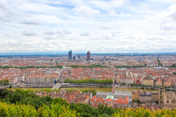 Lyon, France - June 16, 2016: aerial view of the city panorama with fan zone the European Football...