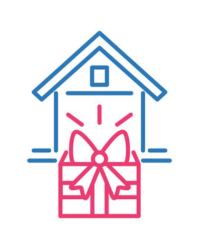 Modern free delivery concept with house and gift box in front door