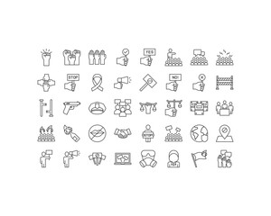 set of protest thin line icons, crowd, people, demonstration