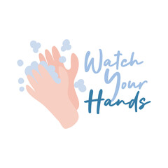 wash your hands campaign lettering with water and soap flat style icon