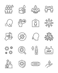 Fototapeta premium set of virus 2019-ncov thin line icons, corona, flu, health, disease, illness, virus prevention