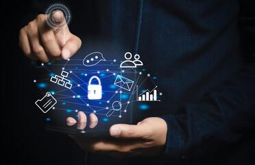 Man who scans his finger and accesses tasks in his phone hologram technology concept