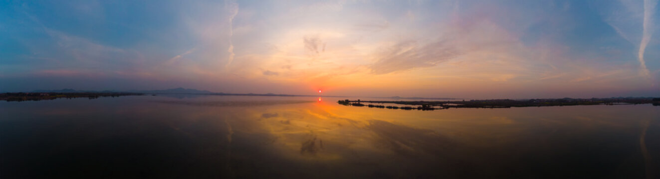 Hubei Daye Baoan Lake National Wetland Park Spring aerial sunset scenery