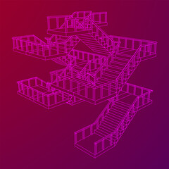 Wireframe stairs, interior staircases steps with railing