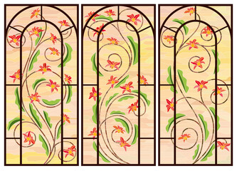 Stained glass triptych floral ornament. Branches with flowers on a yellow-pink background. Interior decoration