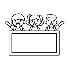 little students kids with chalkboard characters line style