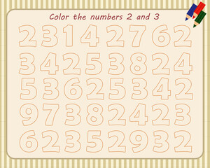 A game for children. Color the numbers 2 and 3