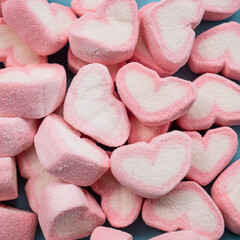 Close up Pile of colorful pink heart marshmallows
