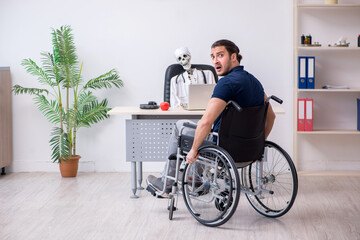 Young man in wheel-chair visiting dead doctor