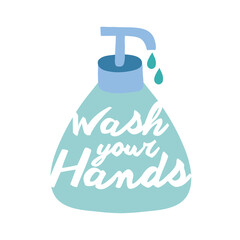 wash your hands campaign lettering with bottle soap flat style