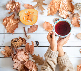 Autumn composition with leaves and a Cup of tea on a white background