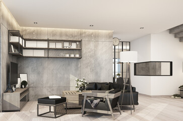 Living area modern loft style in house with concrete and wooden texrture with sofa set 3d rendering