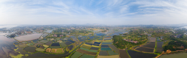 Aerial View above Security Lake National Wetland Park in spring, Huangshi, Hubei, China