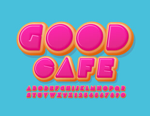 Vector bright emblem Good Cafe. Creative tasty Font. Sweet Donut Alphabet Letters and Numbers set