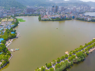 Aerial View above Ci Lake Park in spring, Huangshi, Hubei, China