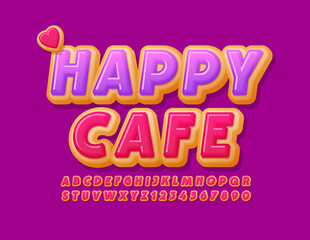 Vector bright logo Happy Cafe with Heart. Tasty Cake Font. Sweet Donut Alphabet Letters and Numbers