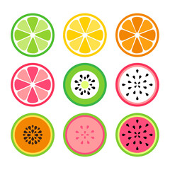 Set tropical fruit slices, watermelon, orange, lime, dragon fruit, papaya, lemon, grapefruit and kiwi, Vector icons