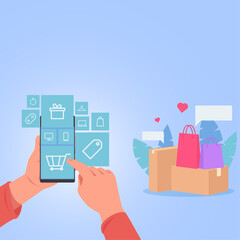 Hand hold phone tap on shopping icon for online shopping. Bags and box around.