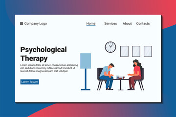 A man complains to a psychiatrist for his problem. Psychological landing page template.
