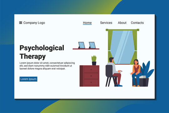 A woman visits a psychiatrist for his problem. Psychological landing page template.