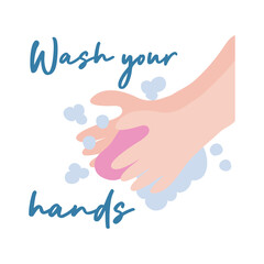 wash your hands campaign lettering with water and soap bar flat style