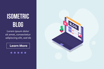 Content marketing, publishing story online, blogging and content publication. Content management and sharing blog post on social media concept. Isometric flat design web banner template with text.