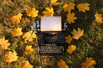 Autumn. World Book Day.  Autumn Writing Marathon.NaNoWriMo.  Black retro typewriter and yellow...