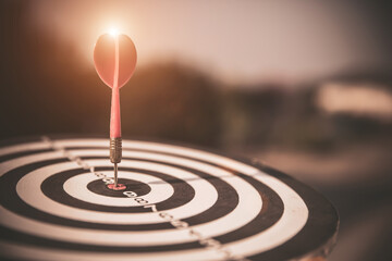 Bulls eye or dart board has red dart arrow throw hitting the center of a shooting target for business targeting and winning goals business concepts.
