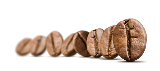 Stack of coffee beans on white background.