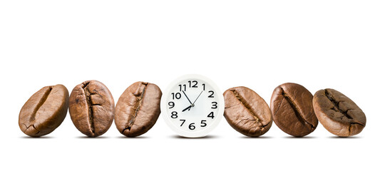 Stack of coffee beans and clock on white background.