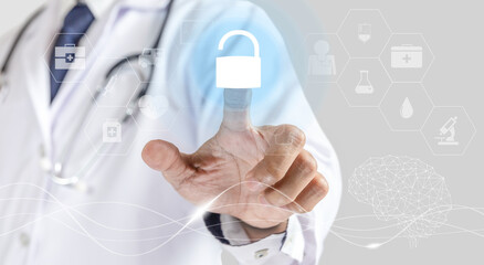 Medicine doctor pointing key for unlock healthy