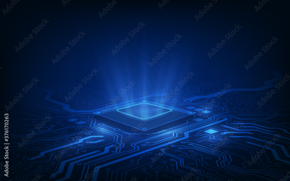 Poster abstract technology chip processor background circuit board and html code,3d illustration blue techn